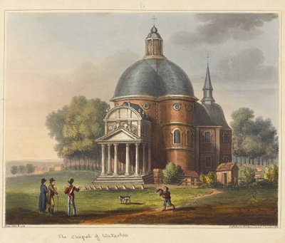 Kapellet i Waterloo, från "An Historical Account of the Battle of Waterloo", 1817 (färgad akvatint) av James Rouse