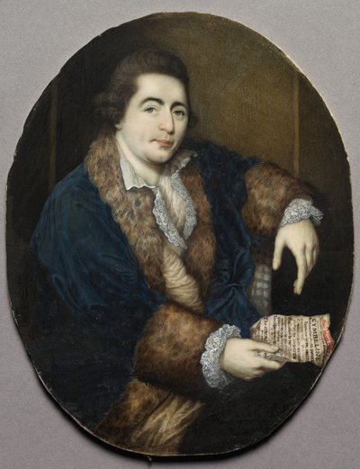 Porträtt av William Powell, ca 1765 (miniatyr på elfenben i ram av förgyllt trä och gesso) av James Scouler
