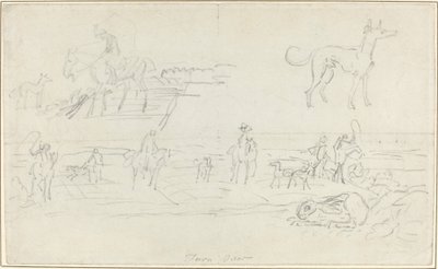 Jägare med hundar och en hukande hare [recto] av James Seymour