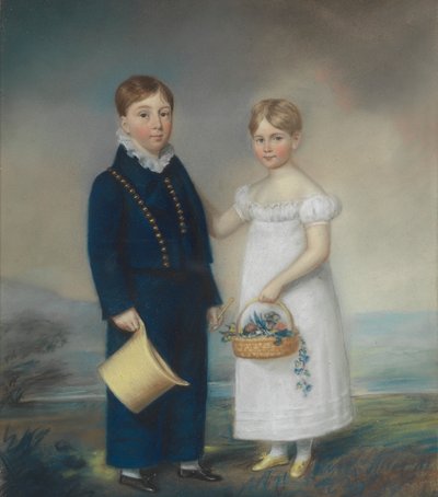 Pojke som håller en hatt och flicka som håller en korg med blommor, står i ett landskap av James Sharples