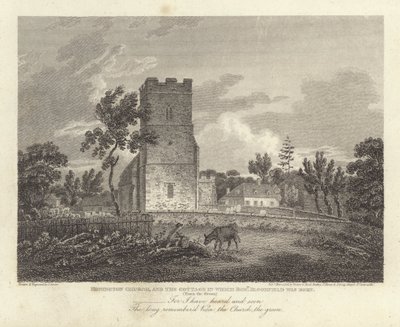 Robert Bloomfield, poet: Honington Church, and the Cottage där Robert Bloomfield föddes (gravyr) av James Storer