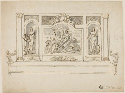 Neptunus och Amphitrite flankerade av Jupiter och Juno: Design för målad hall- eller trädgårdsbänk av James Thornhill