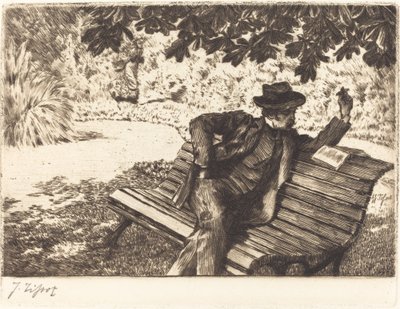 Denoisel läser i trädgården, 1882. av James Tissot