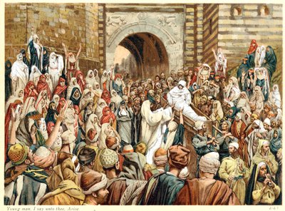 Jesus uppfostrar änkans son i Nain, c1890 av James Tissot