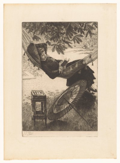 Ung kvinna som läser i en hängmatta av James Tissot