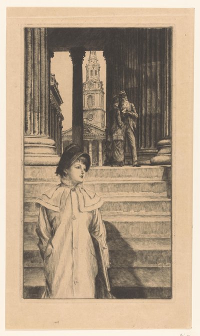 Ung kvinna går ner för trappan på National Gallery i London av James Tissot