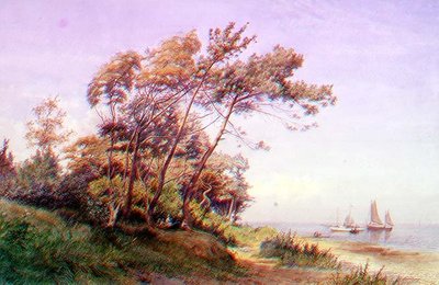 En picknick på kusten, Isle of Wight, med en yacht förtöjd till havs som flyger fänriken för Royal Yacht Squadron av James Waite