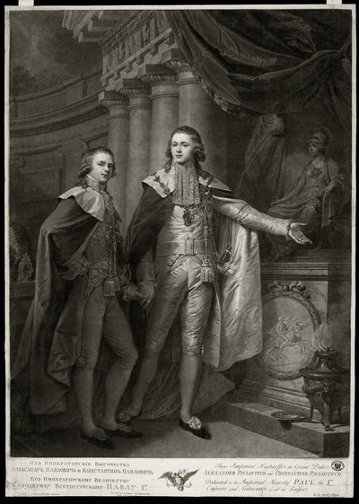 Porträtt av storhertigarna av Ryssland Alexander I Pavlovich (1777-1825) och Constantin Pavlovich (1779-1831). Verk av James Walker (1748-cirka 1808), gravyr 1797. Engelsk konst av James Walker