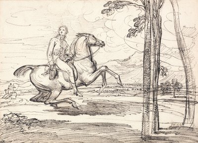 En ryttare i ett landskap: Förmodligen en studie till "Theophilus Levett Fox-hunting in Wychnor Park" av James Ward