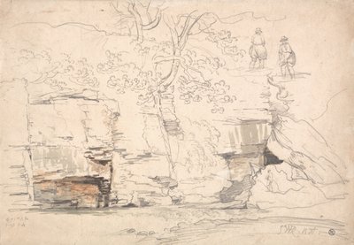 En klippig bergssluttning med träd och figurer av James Ward