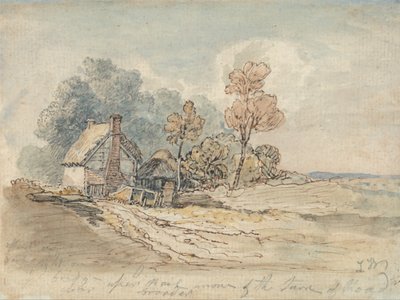 En stuga med halmtak och träd vid en landsvägskorsning av James Ward
