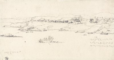 Kustby med fiskebåtar (penna på papper) av James Ward