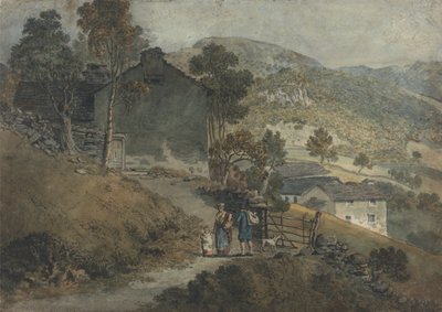 Landskap med stugor och figurer av James Ward