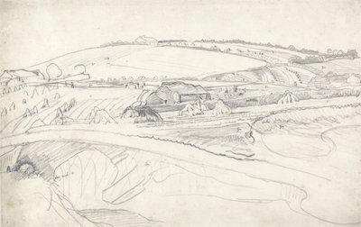 Landskap med gård och majsstockar (penna på papper) av James Ward