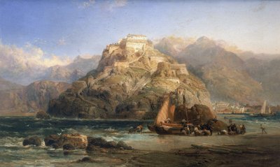 Vy över San Sebastian (Spanien), i mitten Mount Urgull och byggnaderna i slottet Santa Cruz de la Mota. Olja på duk av James Webb (verksam mellan 1853 och 1888). av James Webb