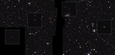 Galaxer i CEERS-fältet (bild tagen med NIRCam) av James Webb Space Telescope (NASA)