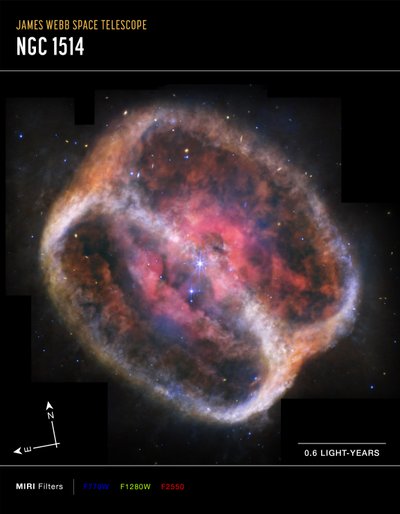 Planetnebulosan NGC 1514 (bild från MIRI Compass) av James Webb Space Telescope (NASA)