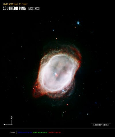 Södra ringnebulosans gas (sammansatt kompassbild av NIRCam och MIRI) av James Webb Space Telescope (NASA)