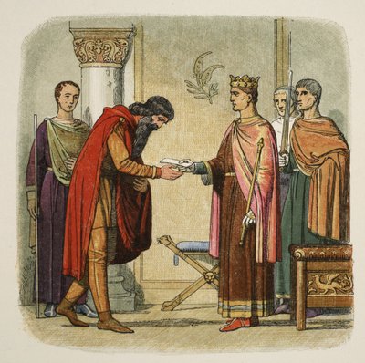 Henrik ger Dermod tillstånd att samla styrkor, 1170, från A Chronicle of England BC 55 to AD 1485, publicerad av A Chronicle of England BC 55 to AD 1485. London, 1863 av James William Edmund Doyle