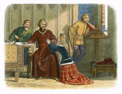 Drottning Anne förlikar sig med Gloucester och Arundel för Sir Simon Burley. av James William Edmund Doyle
