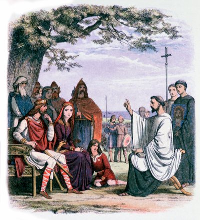 St Augustine predikar för kung Ethelbert och drottning Bertha, 1800-talet av James William Edmund Doyle