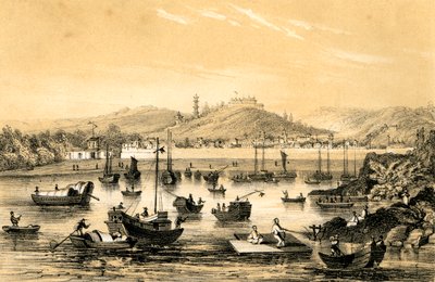 Ningbo, en av de fem hamnar som öppnades av det sena fördraget för brittisk handel, Kina, 1847 av James William Giles
