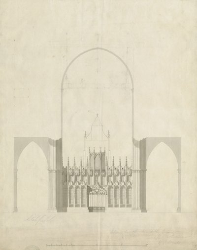 Interiör av Lichfield Cathedral - Ingång från Choir to Nave: ritning och tvätt, nd [c 1780] av James Wyatt