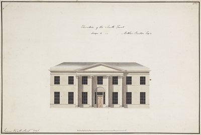 Soho House: Plan över bottenvåningen; Plan över sovrumsvåningen; Höjd av söderfronten, design A, höjd av söderfronten, design B och höjd av norra fronten, 1796 av James Wyatt