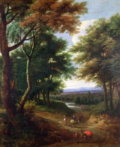 Skogbevuxen landskap med resenärer på en stig av Jan Baptist Huysmans