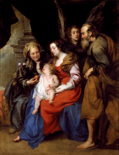 Porträtt av den heliga familjen med St Anne, Marias mor och en ängel (olja på duk av Jan Roos