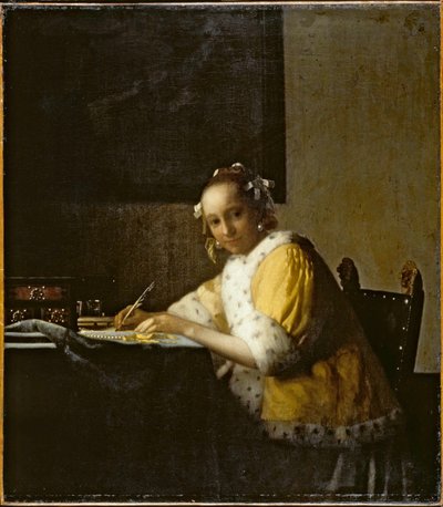 En dam som skriver ... (olja på duk) av Jan (1632-75) Vermeer