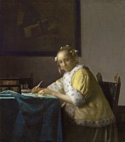 En kvinna som skriver, ca. 1665 (olja på duk) av Johannes Vermeer