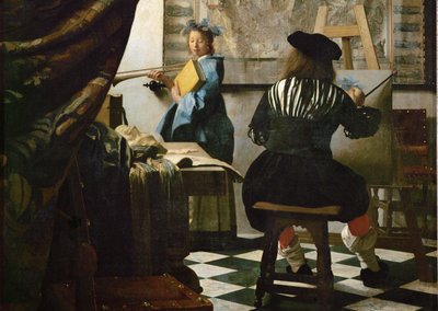 Målaren och hans modell som Klio (olja på duk) av Jan (1632-75) Vermeer