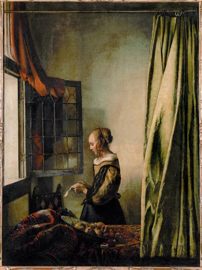 Kvinna som läser ett brev vid öppet fönster (olja på duk) av Jan (1632-75) Vermeer