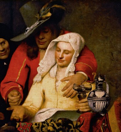 En man håller fram ett mynt till en kvinna som rör vid hennes bröst, detalj från The Procuress av Johannes Vermeer