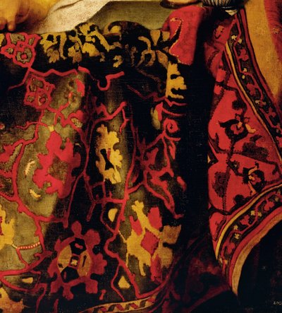 Broderad klänning, detalj från The Procuress av Jan (attr. to) Vermeer
