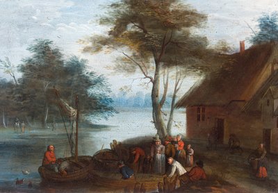 Ett flodlandskap med figurer vid en byggnad som sätter sig i båtar av Jan (follower of) Brueghel