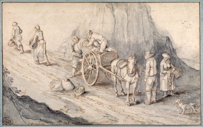 Bönder lastar en enhästsvagn med rotfrukter (penna och bläck med tvätt på papper) av Jan (follower of) Brueghel