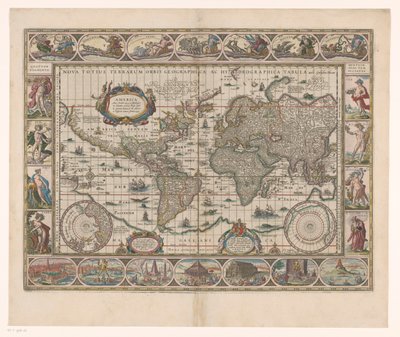 Wereldkaart met dekorativt randen En ny geografisk och hydrografisk karta över hela världen av Jan Aertse van den Ende