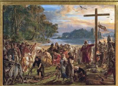 La chhristiannisation de la Pologne, 966 - The Christianization of Poland, 966. Ur serien History of Civilization in Poland, av Matejko, Jan Alojzy (1838-1893). Olja på trä av Jan Alojzy Matejko