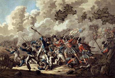 Franska gardets nederlag av högländarna, La Haye Sainte, under slaget vid Waterloo, 1815 (färgad akvatint) av Jan Anthonie Langendyk
