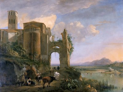 "Flodlandskap med kyrkan SS Giovanni e Paolo, Rom", ca 1630-1652 av Jan Asselijin