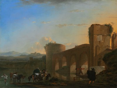 Tiberfloden med Ponte Molle vid solnedgången, ca. 1650. av Jan Asselijin