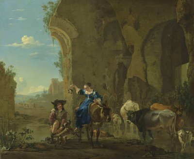 Italienskt landskap med resenärer vid en bäck med boskap av Jan Asselijn