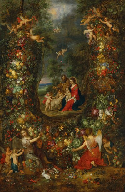 Die Heilige Familie umgeben von einem Fruchtkranz, getragen von Putti von Jan & Balen Hendrik van (1575-1632) Brueghel
