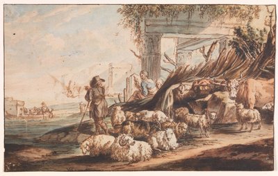 Herde med en flock får och en ko bland ruiner av Jan Baptist Weenix