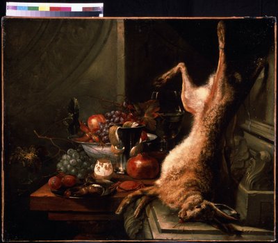 Stilleben med en hare. Krabbstilleben med hasselnöt och citron med skalat skal (zest). Målning av Jan Baptiste van Moerkerke (1660-1689). Olja på duk, flamländsk konst. Pushkin Museum of Fine Arts, Moskva av Jan Baptiste van Moerkerke