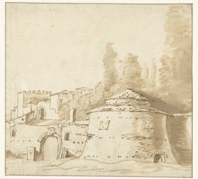 Italiensk byggnad med tungt runt torn av Jan Both (attributed to)