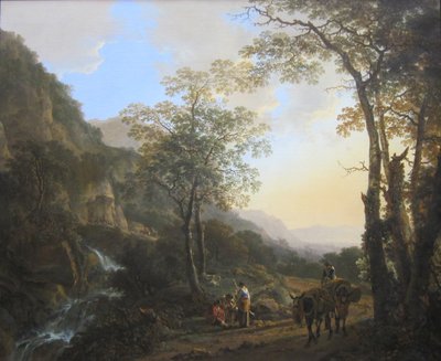 Holländska: Sydligt bergslandskap med vilande herdar Ett italienskt landskap med resenärer på en stig av Jan Both
