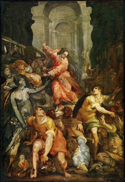 Jesus driver ut köpmännen ur templet (målning på poppelträ) av Jan Both